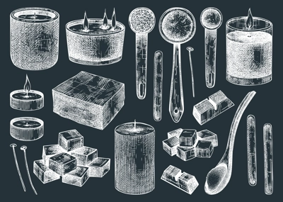 Hand-sketched aromatic candles ingredients set on chalkboard. Vector illustrations of candles, wax, fragrance, color. Natural materials for aromatherapy, hobby, handcrafts, candle making.